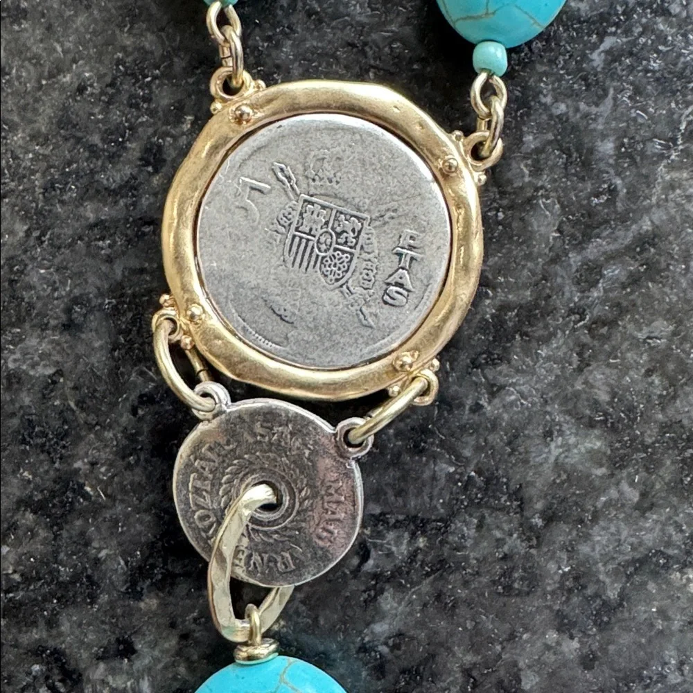 😊Chico's Turquoise Beaded Coin Drop Necklace with Gold Accents - Picture 4 of 7